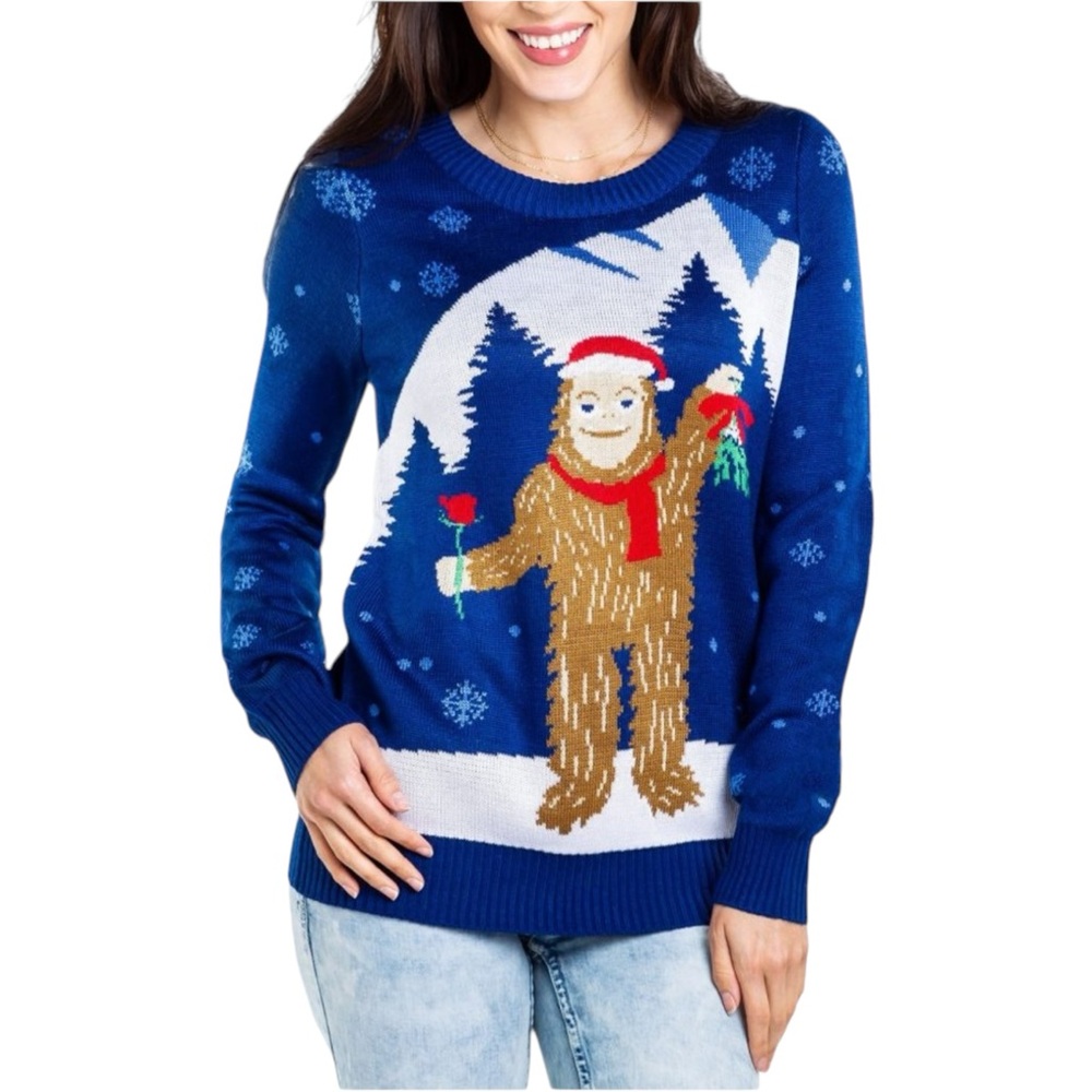 TIPSY ELVES Sweater Yeti Bigfoot Sasquatch With Rose and Mistletoe Size Small